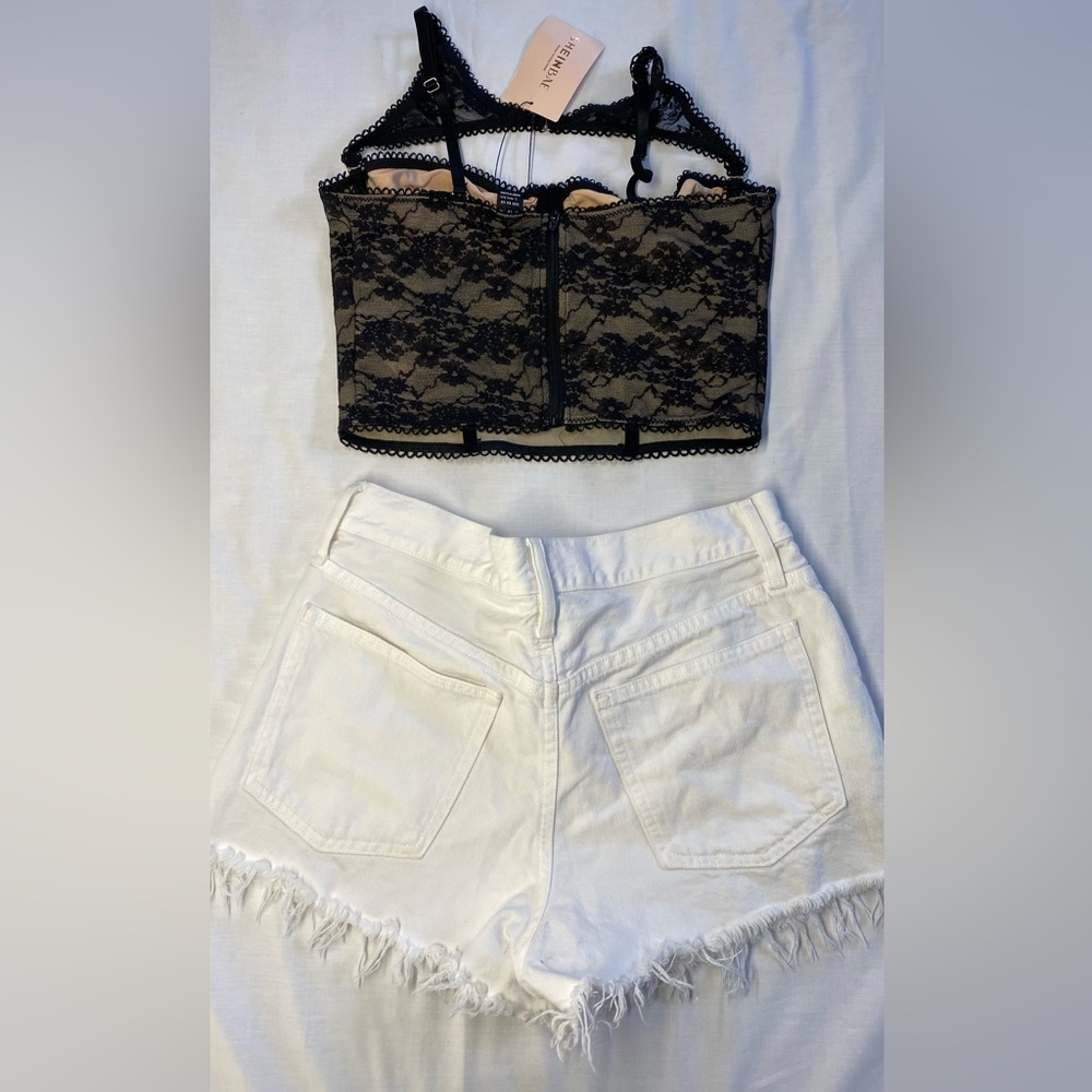 J. Crew shorts and SHEIN Black Lace Bustier Crop Top - Picture 3 of 6
